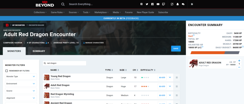 DND Beyond Encounter Builder with CR calculator
