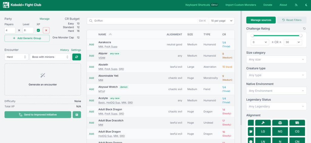 Kobold Plus Fight Club encounter builder