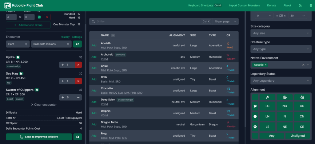 Kobold Plus Fight Club encounter builder
