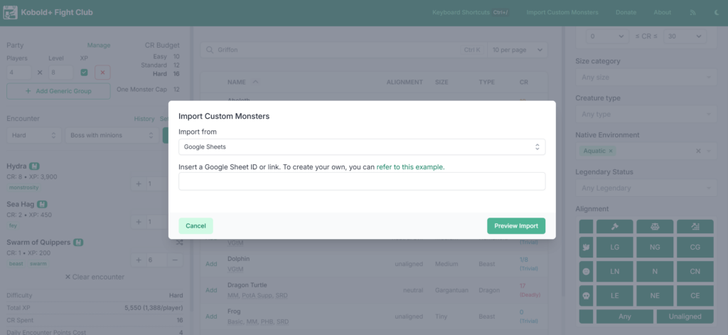 Kobold Plus Fight Club encounter builder with import monster function