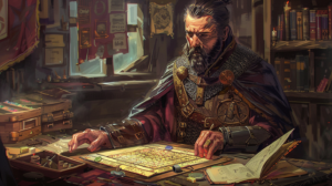 Dungeon Master preparing encounters with his charts and tools